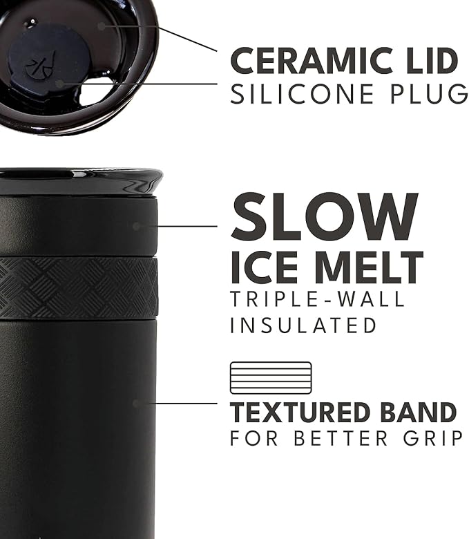 Elemental Artisan Insulated Tumbler, Triple Wall Coffee Travel Mug, Reusable Stainless Steel Coffee Tumbler with Ceramic Lid, Thermal Coffee Cups for Hot (6 Hrs) & Cold (18 Hrs), 12oz - Black
