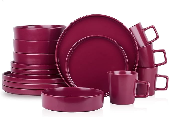 Stone Lain Cleo Modern Stoneware 16-Piece Dinnerware Set, Plates and Bowls Set, Dish Set Service For 4, Magenta