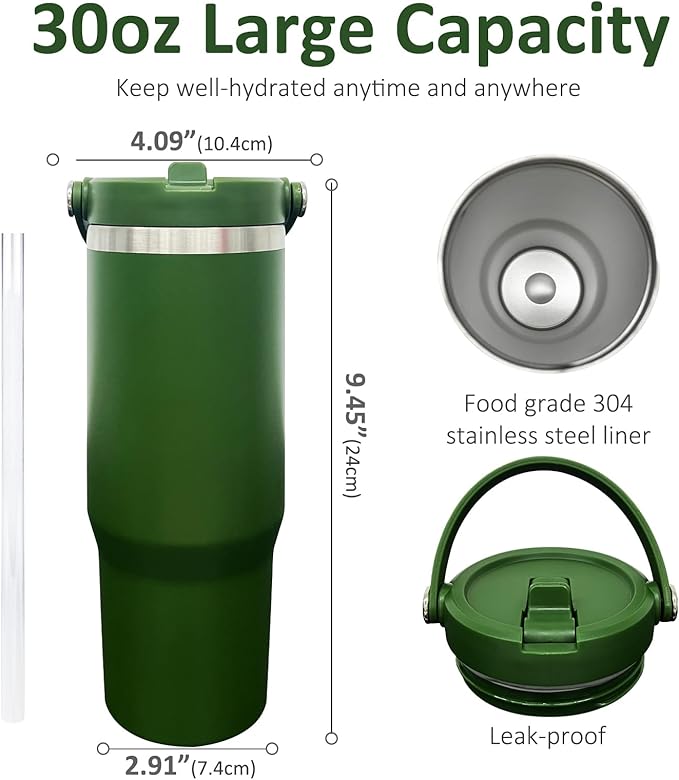 30 oz Tumbler with Handle, Double Wall Vacuum Insulated Tumblers with Flip Straw, Coffee Mug 30oz Powder Coated Cup for Hot and Cold Drinks(Army Green,1 pack)