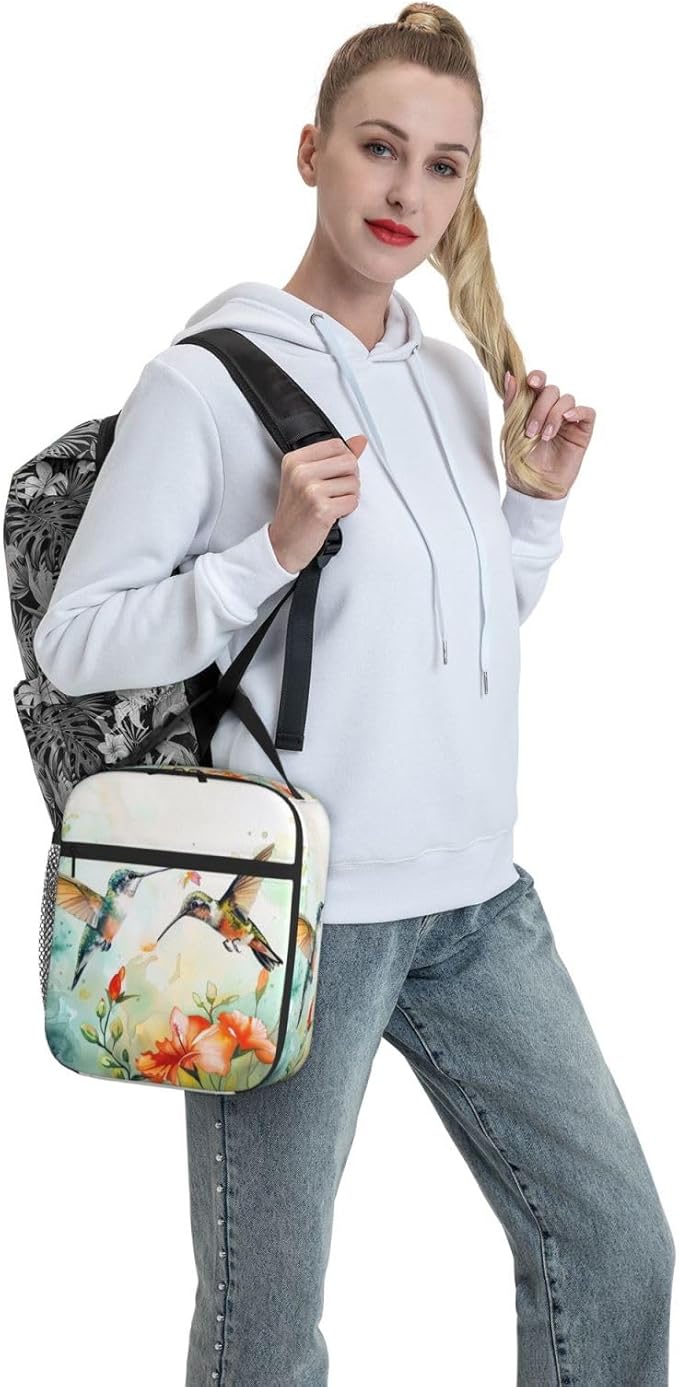 SUPLUCHOM Lunch Bag Hummingbird Flower Watercolor Insulated Bento Box Cooler with Side Pocket for Girl Boy Women Men Work School Picnic Hiking Daytrip