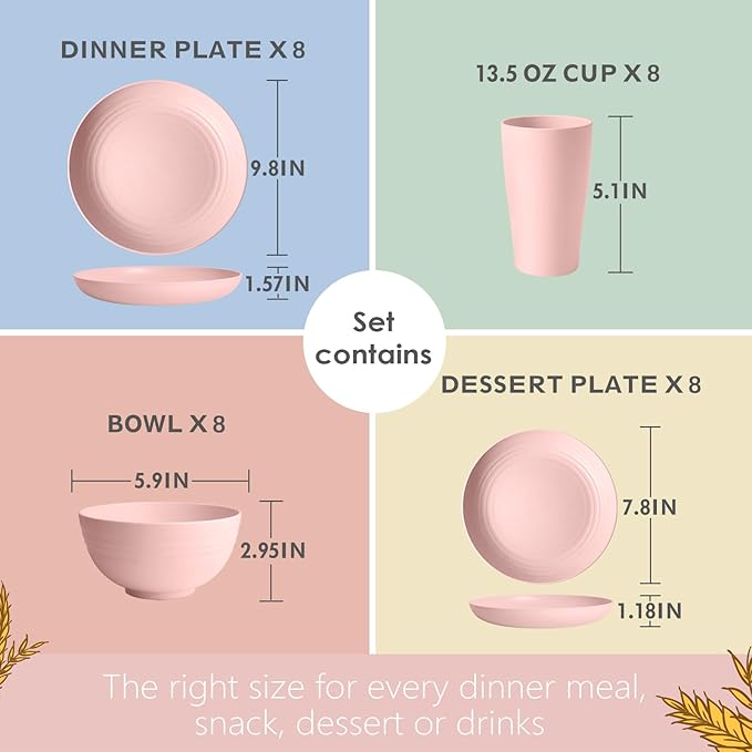 Teivio 32-Piece Kitchen Plastic Wheat Straw Dinnerware Set, Service for 8, Dinner Plates, Dessert Plate, Cereal Bowls, Cups, Unbreakable Colorful Plastic Outdoor Camping Dishes, Pink