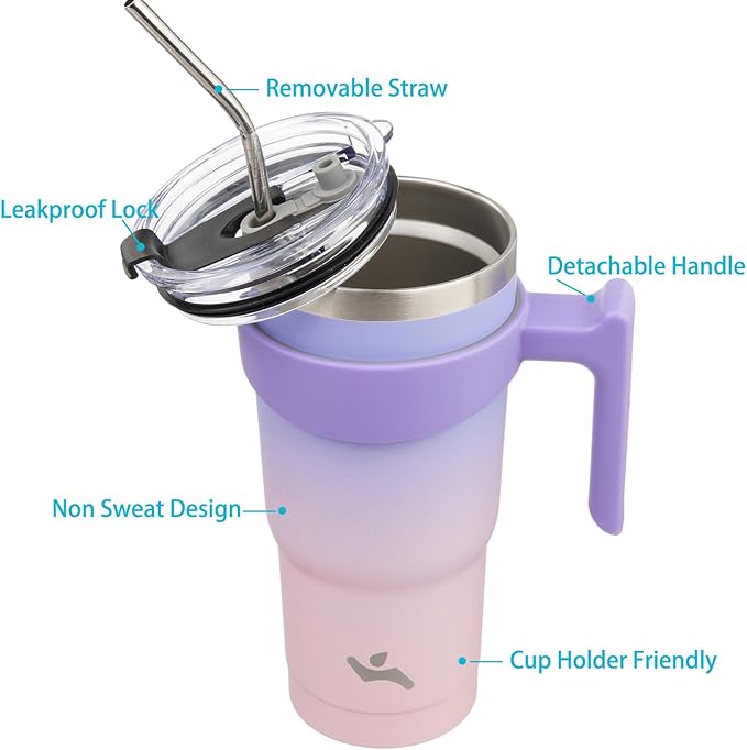 20 oz Tumbler with Handle and 2 Straw 2 Lid, Insulated Water Bottle Stainless Steel Vacuum Cup Reusable Travel Mug,Pastel Sunset