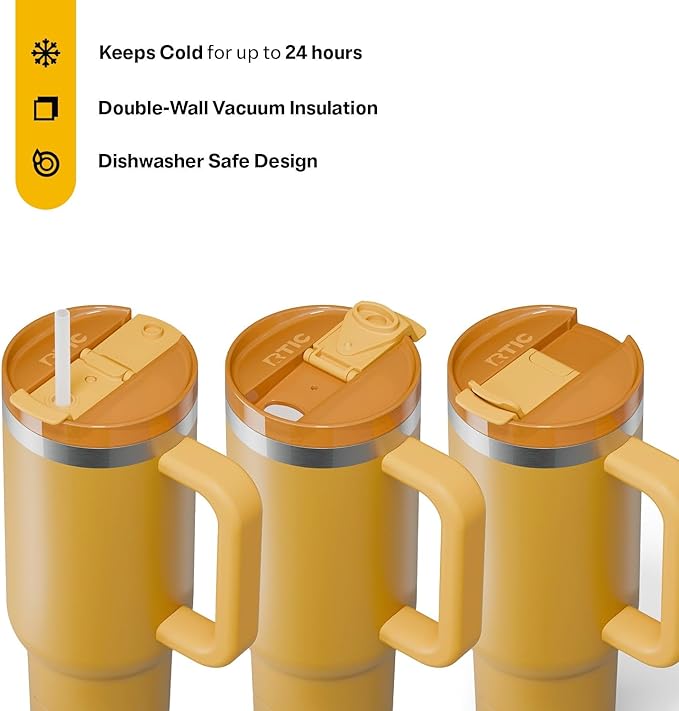 RTIC 40 oz Road Trip Tumbler Double-Walled Cermaic Lined Insulated Stainless Steel Portable Travel Coffee Mug Cup with Lid, Handle and Straw, Harvest