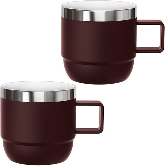 6 oz Espresso/Coffee Mug with Handle, Ceramic-Lined 18/8 Stainless Steel, Double-Wall Vacuum Insulated, Stackable, Dishwasher Safe, Fits Most Espresso Machines (Wine Red, 2 Pack)