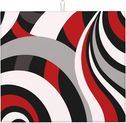Red Black White and Grey Swirl Microfiber Dish Drying Mats, Absorbent Modern Decorative Kitchen Counter Mat, 16 x 18 inch, Polyester, Washable, Reusable, Foldable, for Dishes Utensils Small Appliances