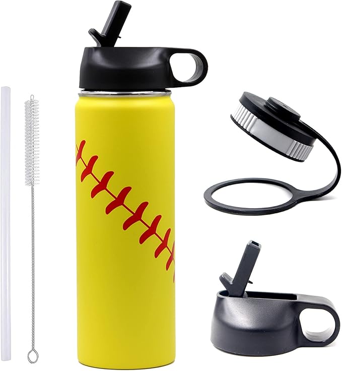 22 oz Softball Water Bottle, Metal Sports Flask Thermo Travel Tumbler with 2 Lids, Stainless Steel Double Wall Vacuum Leak Proof Insulated Water Bottles, Softball Stuff Gifts for Mom Men Boys Girls