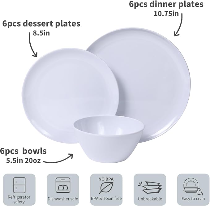 Melamine Dinnerware Sets,18-piece Melamine Plates and Bowls Set, Unbreakable Dishes Set for 6, Dishwasher Safe,Indoor and Outdoor Use,Lightweight,White