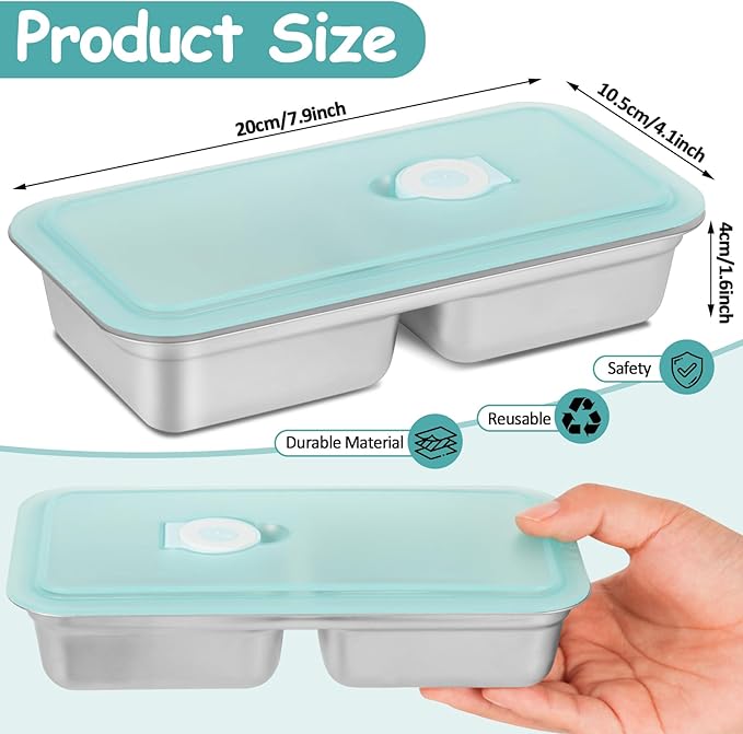 Stainless Steel Snack Containers Reusable - 4 Pack Grab and Go Snack Containers with Lids, 2 Compartment Snack Condiment Containers for Travel, Camping