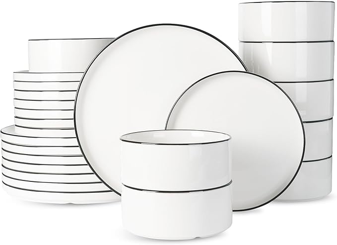 Famiware Porcelain Dinnerware Set, 24-Piece Modern Plate and Bowl Set, dish set for 8, Microwave and Dishwasher Safe Tableware, White with Black Trim