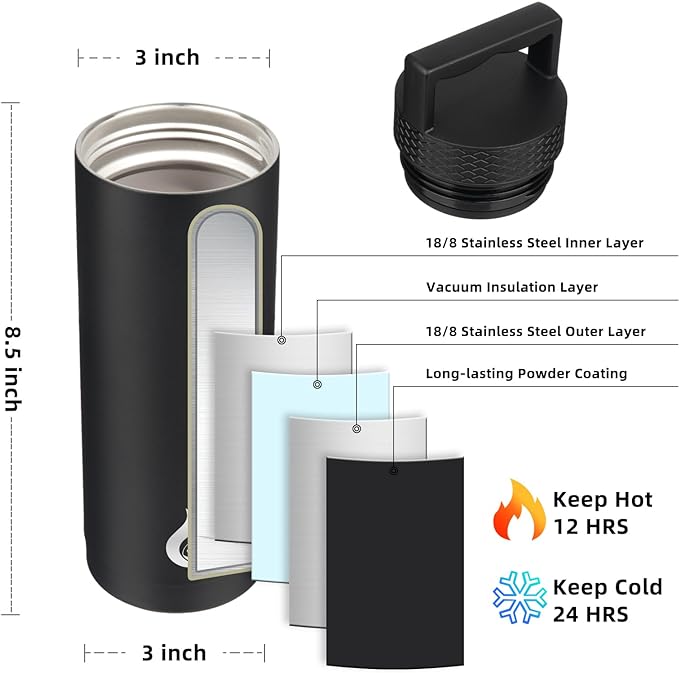 BJPKPK Insulated Water Bottles, Dishwasher Safe 18 oz Water Bottle with Handle, Leakproof BPA Free Water Jug, Stainless Steel Thermo for Sports, Black