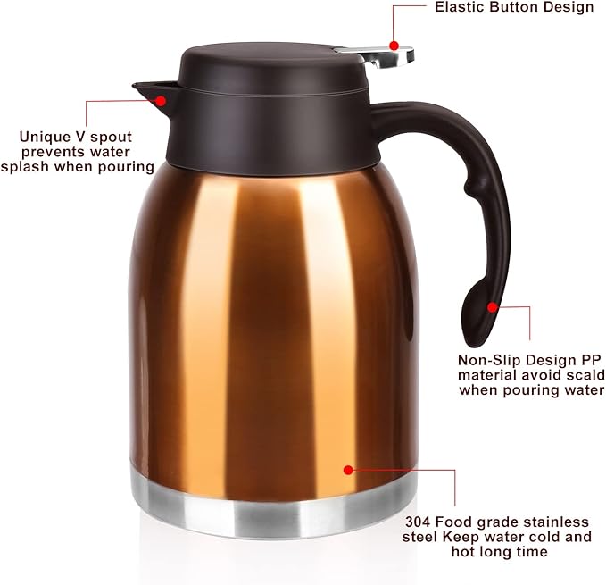 54oz Stainless Steel Thermal Coffee Carafe Dispenser, Double Wall Unbreakable Vacuum Flask 1.6L Water Tea Pot Pitcher for Cold Drinking in Summer