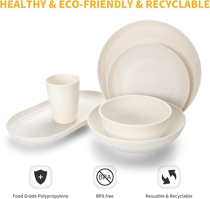 Lazycorner 48-Piece Wheat Straw Dinnerware Sets for 8, Unbreakable Reuasble Dinner Dishes Serving Plate Set for Kitchen, Including Plastic Dinner Plate, Dessert Plate, Bowl, Cup(Beige)