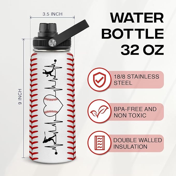 Baseball Water Bottle 32oz Stainless Steel Insulated Bottle for Men, Women, Sports Lovers - Baseball Gifts for Birthday, Christmas