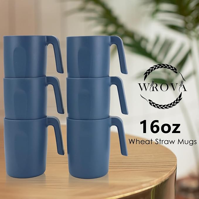 Wrova 16oz Wheat Straw Cups with handles set of 6-Plastic Cups Reusable-Unbreakable Kids Mugs-Dishwasher Safe & Microwave Safe-Ideal Plastic Mugs for Tea,Coffee,Camping,RV-Navy Blue