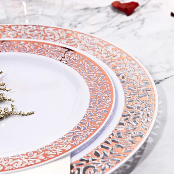 bUCLA 350PCS Rose Gold Plastic Plates With Disposable Silverware & Napkins - Rose Gold Rim Plastic Dinnerware Set Lace Design for Wedding, Party & Mother’s Day