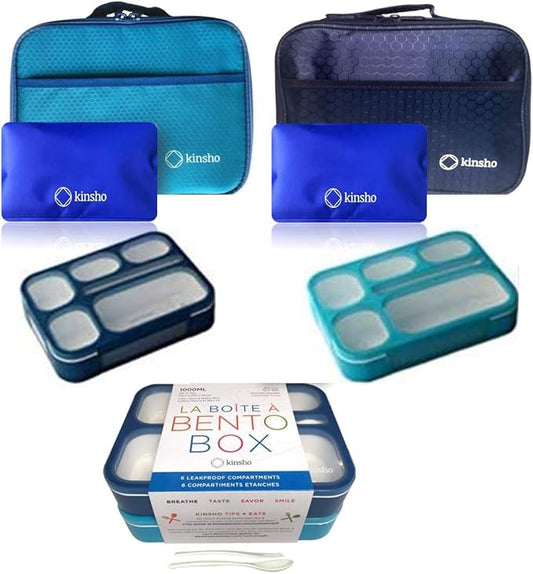 Bento-Box with Bag and Ice Pack Set. Lunch Boxes Snack Containers Kids Boys Girls Adults. 6 Compartments, Leakproof Portion Boxes Insulated Bags for School Lunches, BPA Free (Blue + Navy)