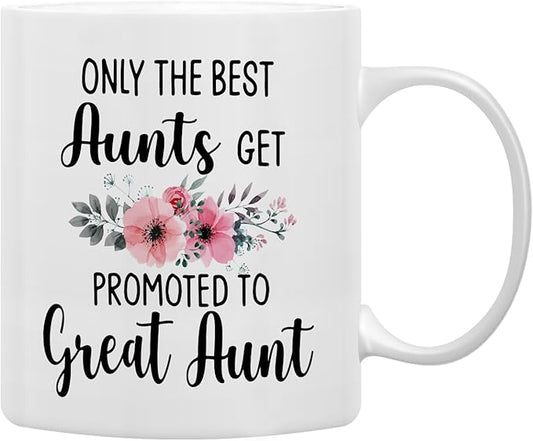 QASHWEY Great Aunt Coffee Mugs, Funny Pregnancy Announcement Gifts, Double Side Printed Ceramic 11 Ounce