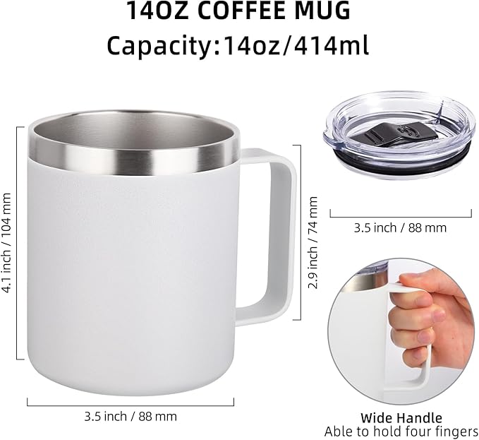 Volhoply 14oz Insulated Stainless Steel Coffee Mug with Leakproof Lid,Double Wall Vacuum Travel Coffee Cup with Handle,Reusable Metal Cups Tumbler,Camping Mugs Keep Hot/Cold,Ideal Gifts(White,1)