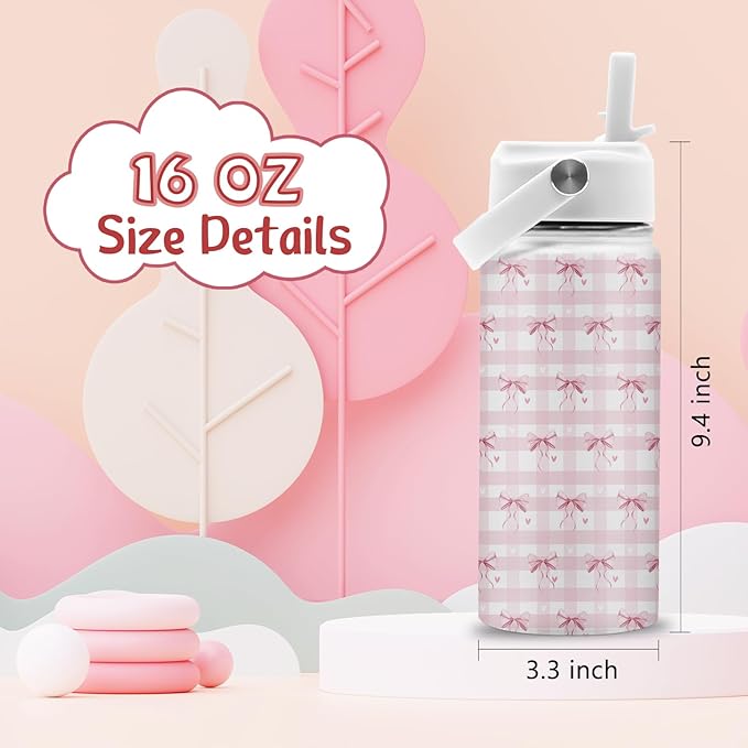 Pink Bow Gifts, 16 oz Water Bottle with Straw Lid, Stainless Steel Insulated Pink Bow Tumbler, Cute Water Bottles for Birthday Christmas