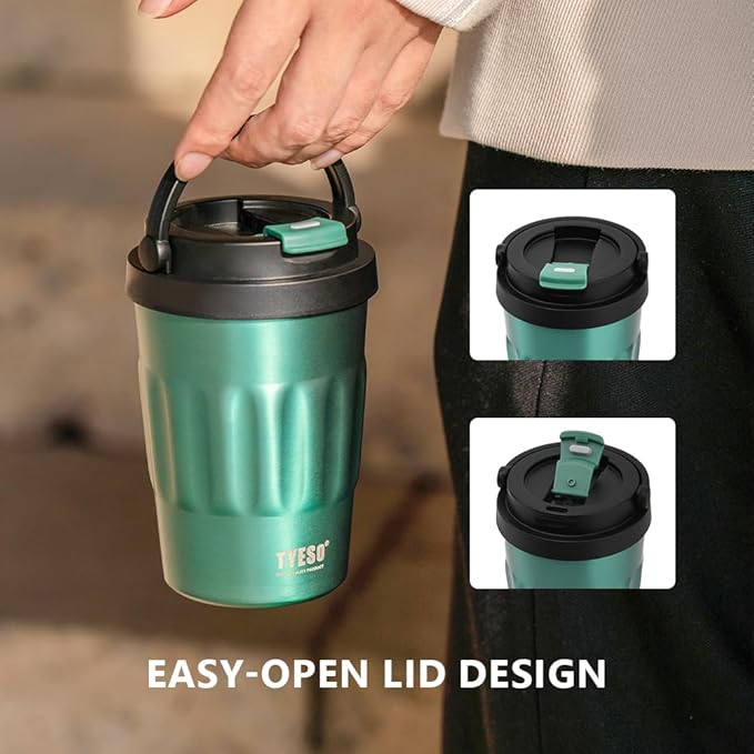 TYESO Stainless Steel Portable Tumbler with Flip Lid,Travel Mug with Concealed Carry Handle, Leakproof Insulated Coffee Cup (GRAY, 13 OZ)