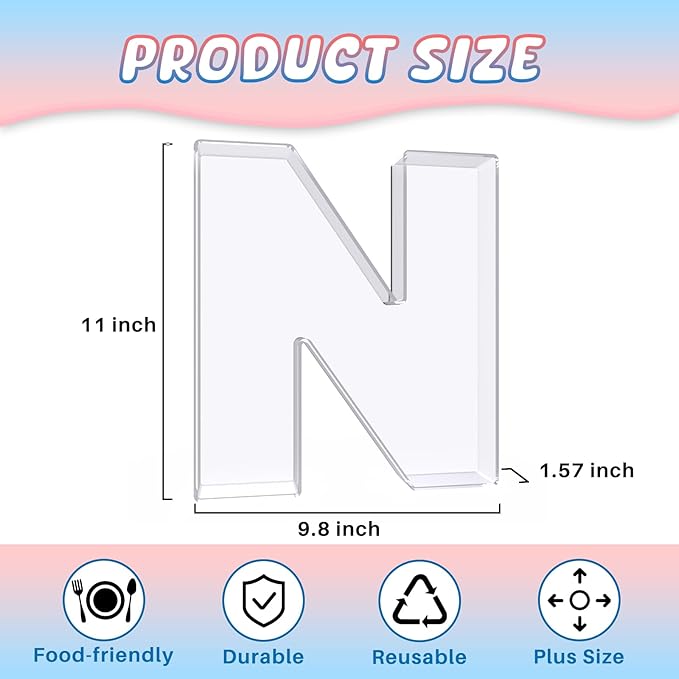 11" Acrylic Letter Charcuterie Box, Reusable Fillable Alphabet Number Shaped Form Tray for Birthday Anniversaries, Party Decorative Serving Plates Display Candy Cake (N)