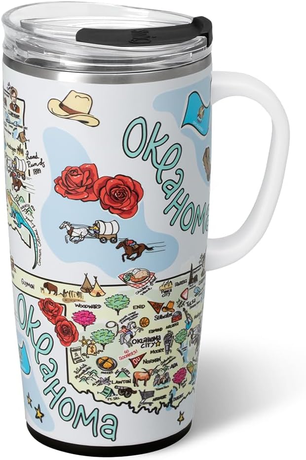Swig Life 22oz Travel Mug, Insulated Tumbler with Handle and Lid, Travel Coffee Mug, Cup Holder Friendly, Stainless Steel 22 oz Tumbler, Reusable Insulated with Lid (Oklahoma)