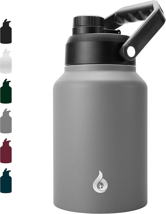 BJPKPK 64 oz Insulated Water Bottle, Dishwasher Safe Half Gallon Water Bottle with Ergonomic Handle, BPA Free Leak Proof Water Jug for Sports, Metal Thermo with Anti-slip Bottom, Grey