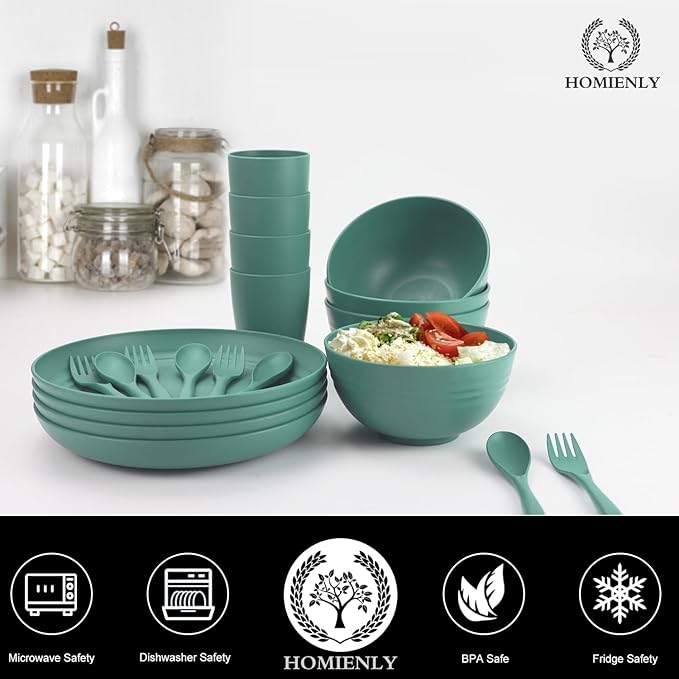 Wheat Straw Dinnerware Sets, Homienly 20pcs Unbreakable Microwave Dishwasher Safe Tableware Lightweight Bowls, Cups, Plates Set Reusable Dinner Plates Bowls set (Green)