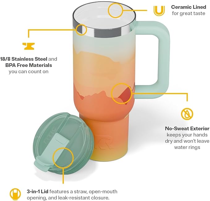 RTIC 30 oz Road Trip Tumbler Double-Walled Ceramic Lined InsulatedStainless Steel Portable Travel Coffee Mug Cup with Lid, Handle and Straw, Desert Sunset