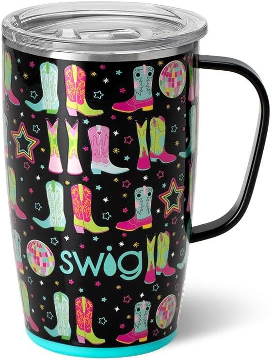 Swig Life 18oz Travel Mug, Insulated Tumbler with Handle and Lid, Cup Holder Friendly, Dishwasher Safe, Stainless Steel, Travel Coffee Cup (Disco Cowgirl)