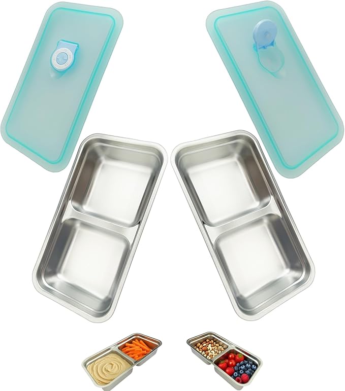 Stainless Steel Snack Containers, Double Compartment Snack Containers, Stainless Steel Snack Box with Lids for Travel, Work and Home (2PCS)