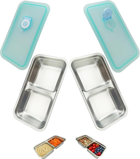 Stainless Steel Snack Containers, Double Compartment Snack Containers, Stainless Steel Snack Box with Lids for Travel, Work and Home (2PCS)