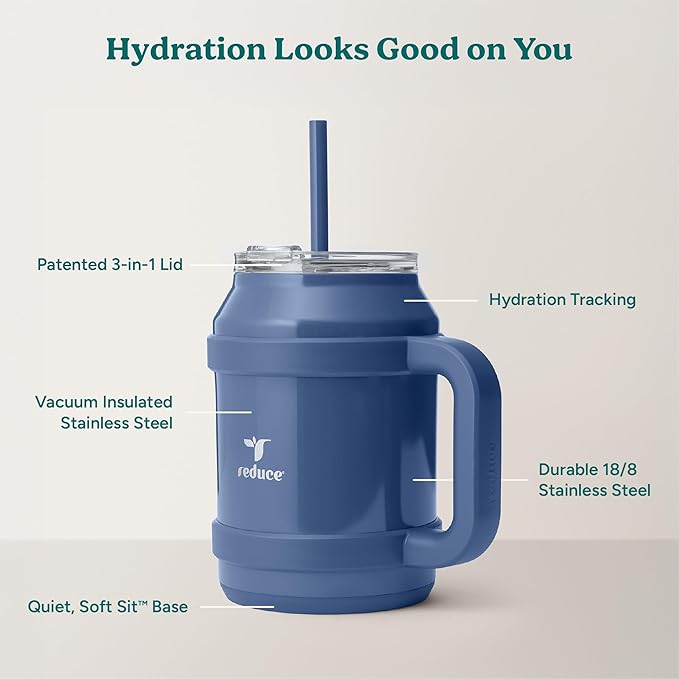 Reduce Reusable 50 oz Cold1 Water Tumbler – Ergonomic Handle – Double-Wall Insulation –Sturdy Desktop/Tabletop Mug with Lid and Straw – BPA-Free – Stainless Steel for Gym, Home, or Office–Mineral Blue
