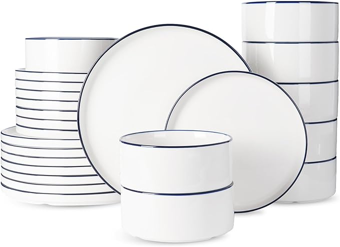 Famiware Porcelain Dinnerware Set, 24-Piece Modern Plate and Bowl Set, dish set for 8, Microwave and Dishwasher Safe Tableware, White with Blue Trim