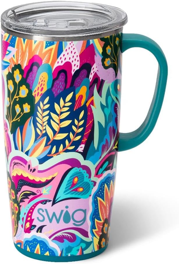 Swig Life 22oz Travel Mug, Insulated Tumbler with Handle and Lid, Cup Holder Friendly, Dishwasher Safe, Stainless Steel, Travel Coffee Cup, Insulated Mug with Lid (Bazaar)