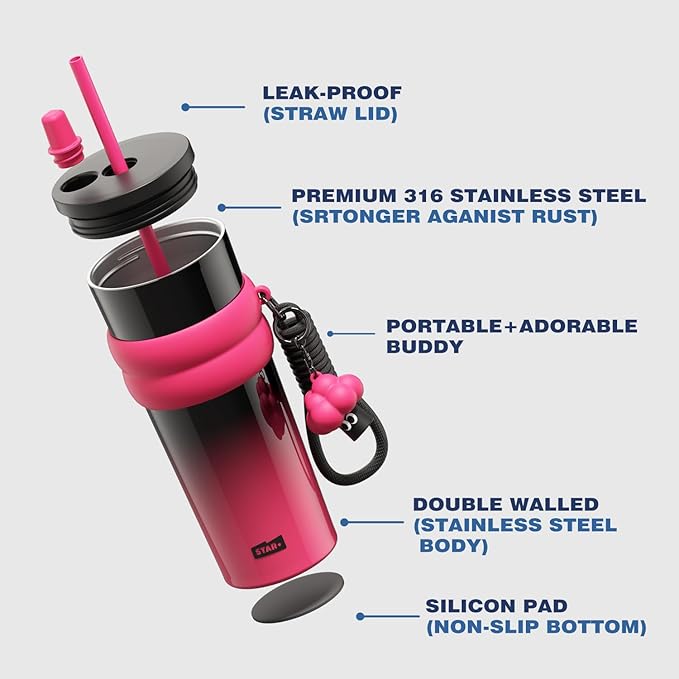 24 oz Stainless Steel Tumbler with Lid and Straw, Insulated Water Bottle Leak Proof for Hot and Cold, Portable Travel Coffee Mug, Reusable Coffee Cup for Women, Black&Pink