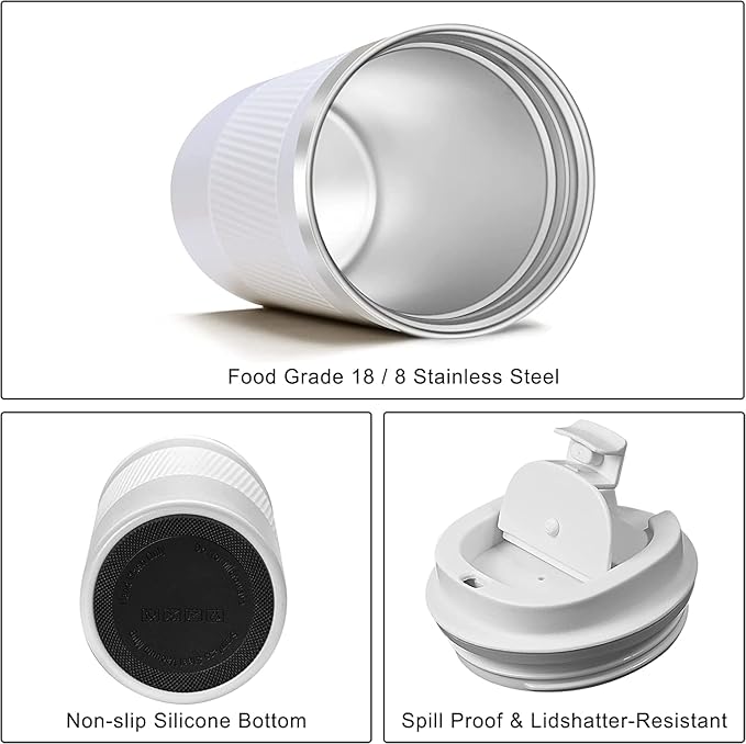 Travel Coffee Mug Spill Proof Leakproof 12 oz Insulated Coffee Mug with Screw Lid, Stainless Steel Vacuum Tumbler Reusable Thermal Coffee Cup to go for Hot and Cold Drinks -380ml, White