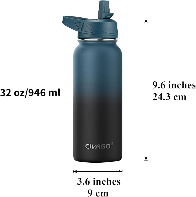 CIVAGO 32 oz Insulated Water Bottle With Straw, Stainless Steel Sports Water Cup Flask with 3 Lids (Straw, Spout and Handle Lid), Wide Mouth Travel Thermal Mug, Black
