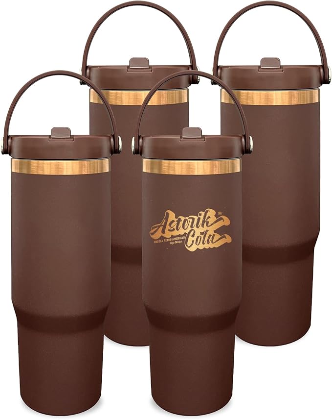 30 oz Tumbler Bulk with Handle and Straw, Vacuum Insulated Tumblers with Flip Straw and Top Handle, Leakproof Powder Coated Tumbler, Stainless Steel Travel Mug for Coffee Water (Browm, 4 Pack)