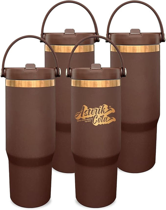 30 oz Tumbler Bulk with Handle and Straw, Vacuum Insulated Tumblers with Flip Straw and Top Handle, Leakproof Powder Coated Tumbler, Stainless Steel Travel Mug for Coffee Water (Browm, 4 Pack)