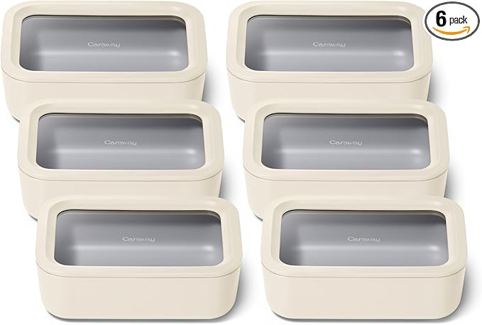 Caraway 6pc Glass Food Storage Set – 6.6 Cup Food Containers (6) - Ceramic Coated - Non Toxic, Non Stick with Lids - Microwave Safe - Cream