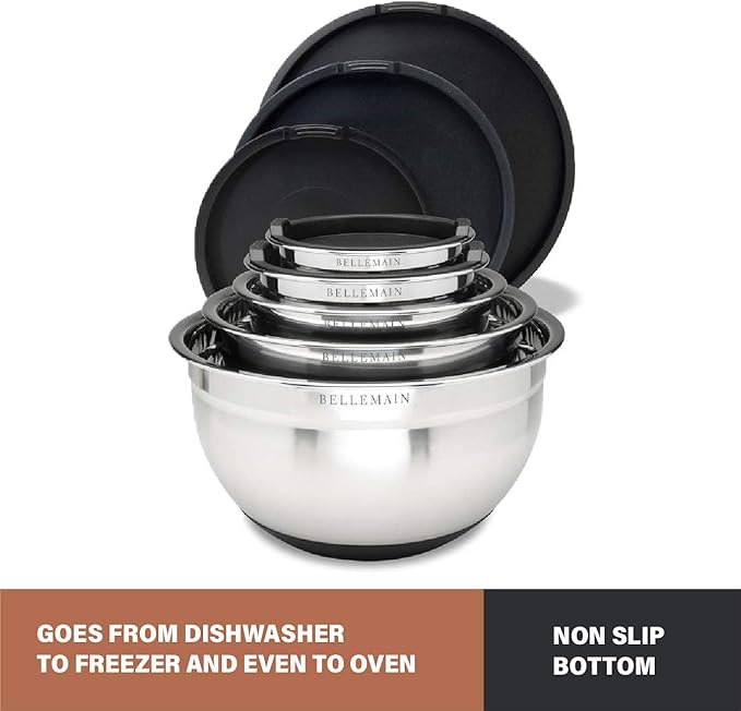 Bellemain Stainless Steel Non-Slip Mixing Bowls with Lids (5 Piece, Silver/Black)