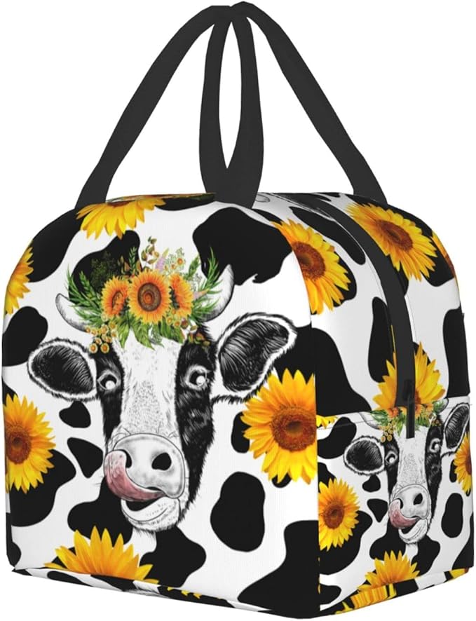Sunflower Cow Print Portable Lunch Tote Bag Reusable Cute Lunch Box for Men or Women Perfect for office/Camping/Hiking/Picnic/Beach/Travel