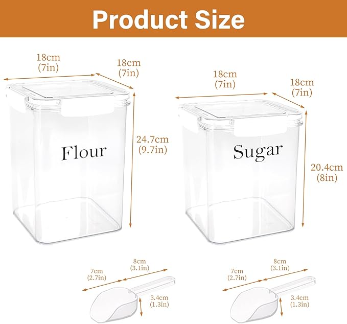 Set Of 2 Large Food Storage Jars 5L&4L - Airtight Containers with Lids,Flour Sugar Storage Containers Set with Spoon-Kitchen Canisters for Sugar,Flour,Coffee,Pantry Organization Saver Keeper