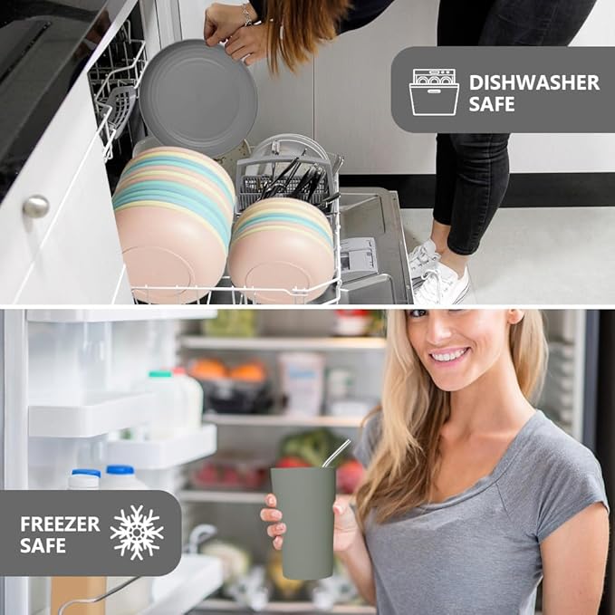 Teivio 32-Piece with Flatware Kitchen Plastic Wheat Straw Dinnerware Sets, Service for 8, Dinner Plates, Dessert Plate, Cereal Bowls, Cups, Unbreakable Plastic Outdoor Camping Dishes, Grey