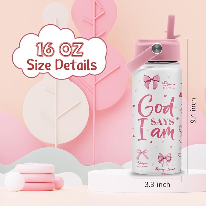 Christian Gifts, Pink Bow Water Bottle with Straw Lid, 16 oz Insulated Stainless Steel, Christian Cups Gifts for Birthday Christmas