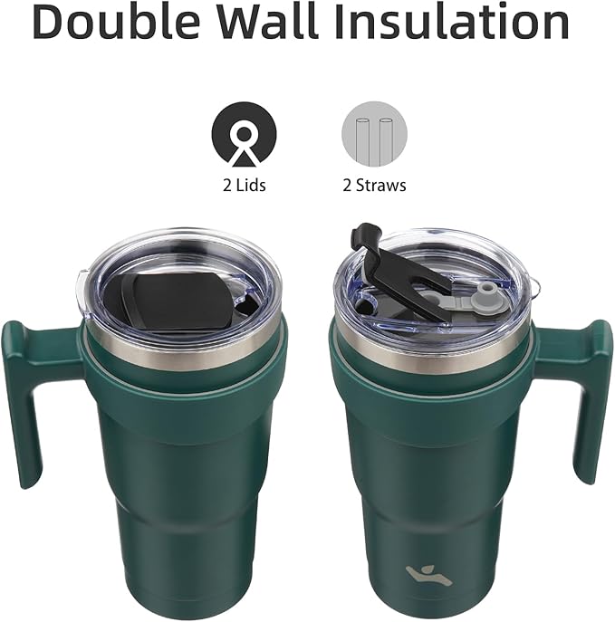20 oz Tumbler with Handle and 2 Straw 2 Lid, Insulated Water Bottle Stainless Steel Vacuum Cup Reusable Travel Mug,Army Green