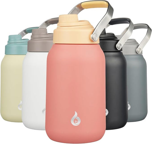 BJPKPK Half Gallon Insulated Water Bottles, 64oz Water Jug with Metal Handle & BPA Free Spout Lid, Dishwasher Safe Thermo, Large Stainless Steel Gym Sport Jugs, Pink