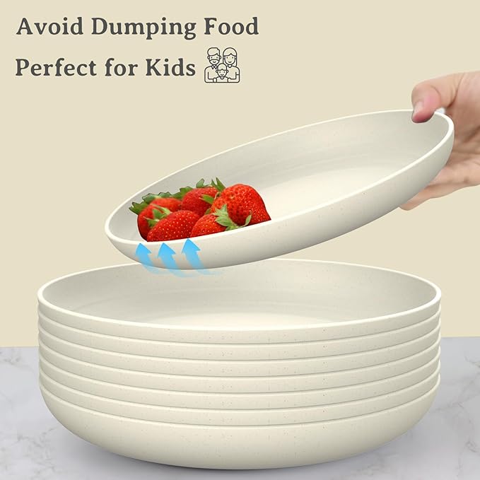 Wrova Large Wheat Straw Dinner Plates - 11 Inch Set of 8 - Unbreakable, Dishwasher & Microwave Safe - Deep Edge for Kitchen & Camping (Beige)