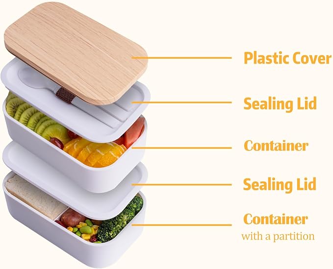 Stackable Bento Box with Utensils Microwave Safe, All-in-One Meal Prep Compartment Lunch Containers Leak Resistant Lunch Box with Sauce Container 60oz White(without bag)